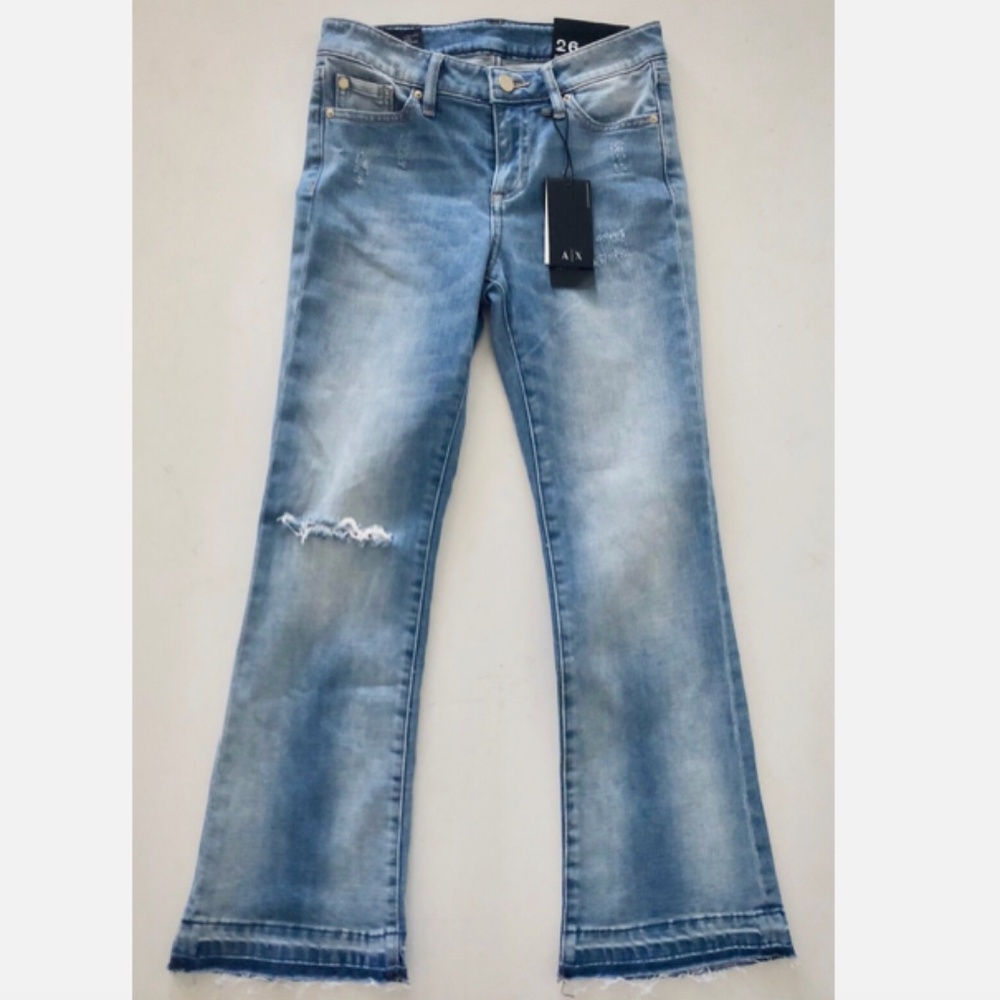 Armani Exchange Nwt Blue Distressed Flare Capri Cropped Jeans 26